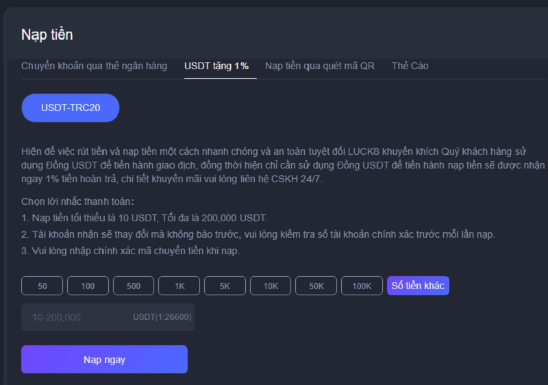Nạp tiền LUCK8: 4 phương thức, quy trình đơn giản 3 Nhà cái hỗ trợ thành viên nạp tiền qua USDT